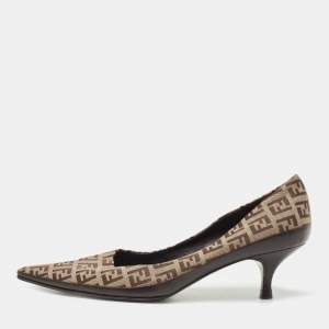 Pre Owned Fendi Brown/Beige Zucca Canvas and Leather Pointed Toe Pumps Size 36