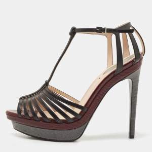 Pre Owned Fendi Black Leather Strappy T-Bar Platform Sandals Size 39