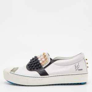 Pre Owned Fendi Tri Color Leather Karlito Studded Low Top Sneakers Size 39