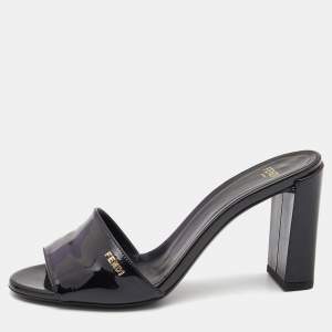 Fendi Black Patent Leather Logo Detail Block Heel Sandals Size 37.5