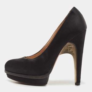 Pre Owned Fendi Black Satin FF Logo Bridge Heel Platform Pumps Size 36