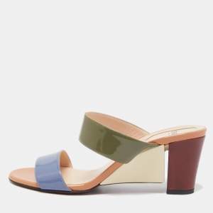 Fendi Multicolor Patent Leather Wedge Slide Sandals Size 38.5