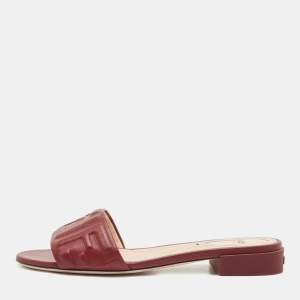 Fendi Red Leather Logo Embossed Flat Slides Size 37.5