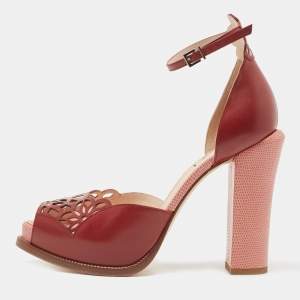 Fendi Burgundy Leather and Lizard Embossed Laser Cut Platform Ankle Strap Sandals Size 41