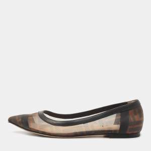 Pre Owned Fendi Brown/Black Zucca Mesh and Leather Colibri Ballet Flats Size 36