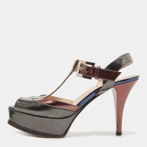 Fendi Multicolor Patent Leather Platform Ankle Strap Sandals Size 38