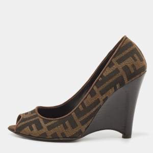 Pre Owned Fendi Brown Zucca Canvas Peep Toe Wedge Pumps Size 36