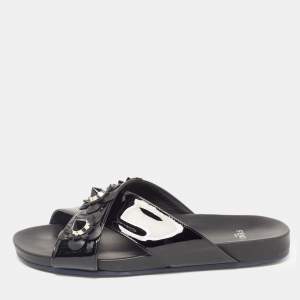 Fendi Black Patent Leather Flowerland Stud Criss Cross Flat Sandals Size 41