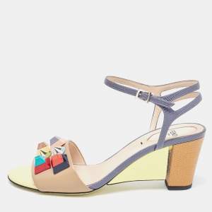 Fendi Beige/Grey Lizard Embossed And Leather Fantasia Studded Wedge Ankle Strap Sandals Size 37.5