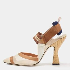 Fendi Brown/Beige Mesh and Leather Colibri Slingback Pumps Size 37.5