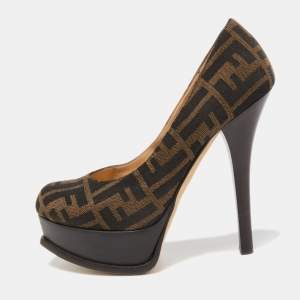 Pre Owned Fendi Brown Zucca Canvas Fendista Platform Pumps Size 38.5