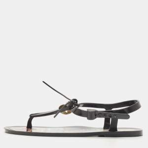Pre Owned Fendi Black Jelly T-strap Slingback Flat Sandals Size 38