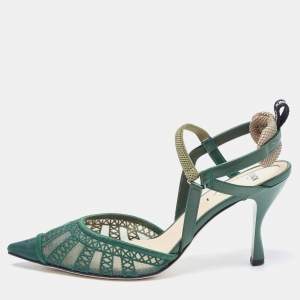 Pre Owned Fendi Green Leather and Mesh Colibri Lite Slingback Pumps Size 38.5