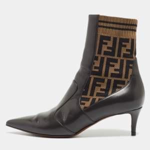 Pre Owned Fendi Brown Leather and Canvas FF Logo Printed Sock Ankle Boots Size 39