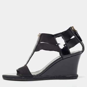 Fendi Black Patent Leather and Elastic T-Strap Wedge Sandals Size 38.5