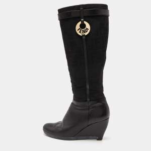 Pre Owned Fendi Black Leather and Zucca Fabric Calf Length Wedge Boots Size 37