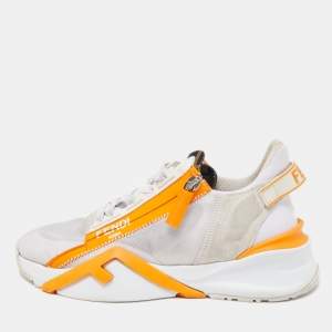 Pre Owned Fendi White/Orange Mesh and Suede Flow Sneakers Size 37