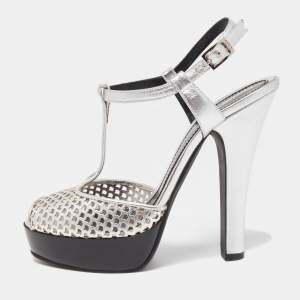 Fendi Metallic Silver Laser Cut Leather T-Strap Peep Toe Platform Sandals Size 40