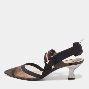 Pre Owned Fendi Black/Brown Zucca Mesh and Canvas Colibri Slingback Pumps Size 41