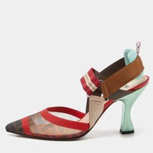 Fendi Brown/Red Mesh and Canvas Colibri Slingback Pumps Size 39