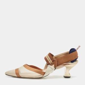 Pre Owned Fendi Brown/Beige Zucca Mesh, Leather and Canvas Colibri Pumps Size 38