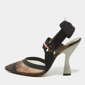 Pre Owned Fendi Brown Zucca Mesh and Canvas Colibri Slingback Pumps Size 36