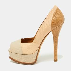 Pre Owned Fendi Tri Color Fendista Colorblock Lizard-Embossed Leather Peep Toe Platform Pumps Size 36.5