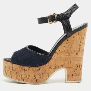 Fendi Navy Blue/Black Denim and Lizard Embossed Leather Cork Wedge Platform Ankle Strap Sandals Size 38