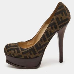 Pre Owned Fendi Brown Tobacco Zucca Canvas Fendista Platform Pumps Size 38.5