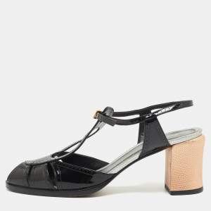 Fendi Black Patent Leather Peep Toe T-Bar Ankle Strap Sandals Size 41