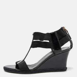 Fendi Black Patent Leather Ankle Strap Wedge Sandals Size 38