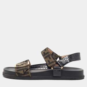 Fendi Brown/Black Zucca Canvas and Croc Embossed Leather Flat Sandals Size 40