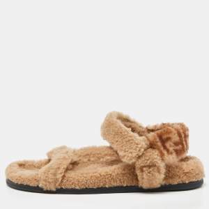 Fendi Brown Shearling Fur Ankle Strap Flat Sandals Size 40