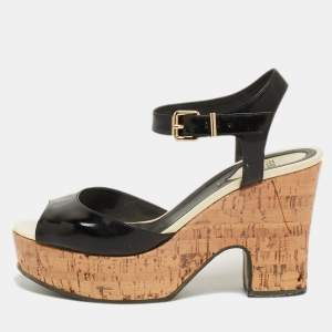 Fendi Black Patent Wedge Platform Sandals Size 37.5