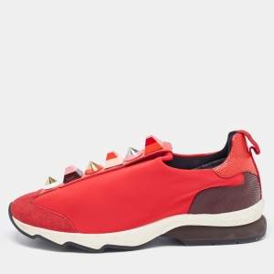 Pre Owned Fendi Red/Brown Neoprene and Lizard Embossed Leather Studded Slip On Sneakers Size 38