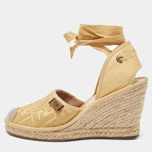 Pre Owned Fendi Beige Zucca Canvas Espadrille Ankle Wrap Wedge Sandals Size 38