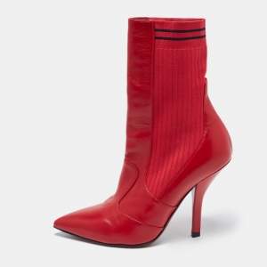 Pre Owned Fendi Red Leather and Knit Fabric Rockoko Boots Size 37