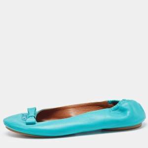 Pre Owned Fendi Turquoise Leather Bow Scrunch Ballet Flats Size 38