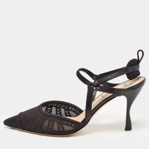 Fendi Black Lace and Leather Colibri Slingback Pumps Size 39.5