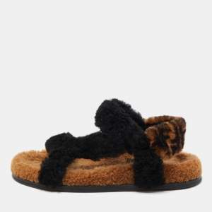 Pre Owned Fendi Brown/Black Shearling Fur Ankle Strap Flat Sandals Size 39