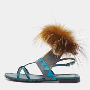 Pre Owned Fendi Tricolor Leather and Fur Monster Eye Ankle Strap Flat Sandals Size 35