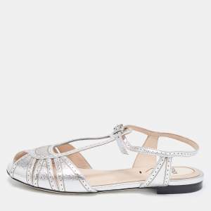 Pre Owned Fendi Metallic Silver Foil Leather Chameleon Ankle Strap Flat Sandals Size 36