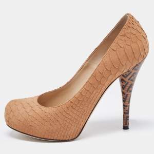 Pre Owned Fendi Light Brown Embossed Python FF Heel Platform Pumps Size 38