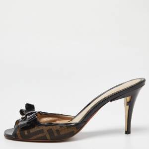Fendi Brown/Black Zucca Canvas and Patent Leather Slide Sandals Size 40.5