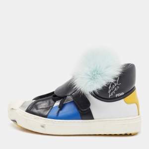 Pre Owned Fendi Multicolor Fur And Leather Karlito Hight Top Sneakers Size 38.5