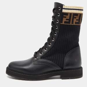 Pre Owned Fendi Black Leather and Zucca Stretch Fabric Rockoko Combat Boots Size 38