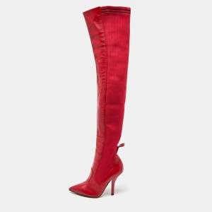 Pre Owned Fendi Red Leather and Knit Fabric Rockoko Thigh High Boots Size 37