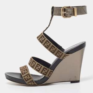 Pre Owned Fendi Brown/Beige Canvas and Leather Wedge Sandals Size 39