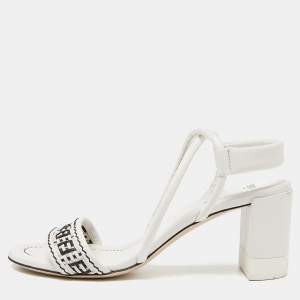 Fendi White/Black Leather Block Heel Ankle Strap Sandals Size 38