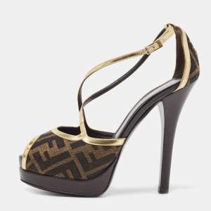 Pre Owned Fendi Brown  Zucca Canvas And Gold Leather Trim Cross Strap Platform Sandals  Size 37